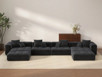 Matrix 4-Seater Black Linen U-Shaped Sectional | 6-Piece (Includes 2 Ottomans), Large Space