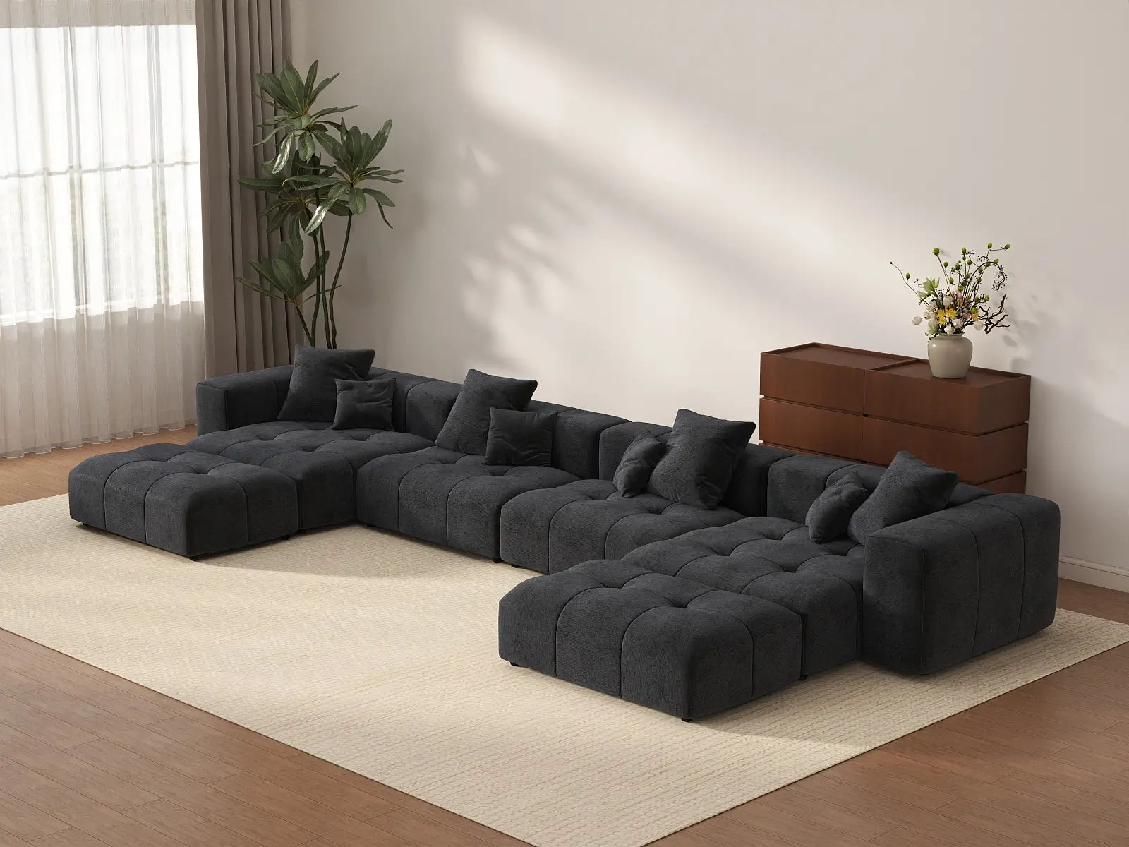 Matrix 4-Seater Black Linen U-Shaped Sectional | 6-Piece (Includes 2 Ottomans), Large Space