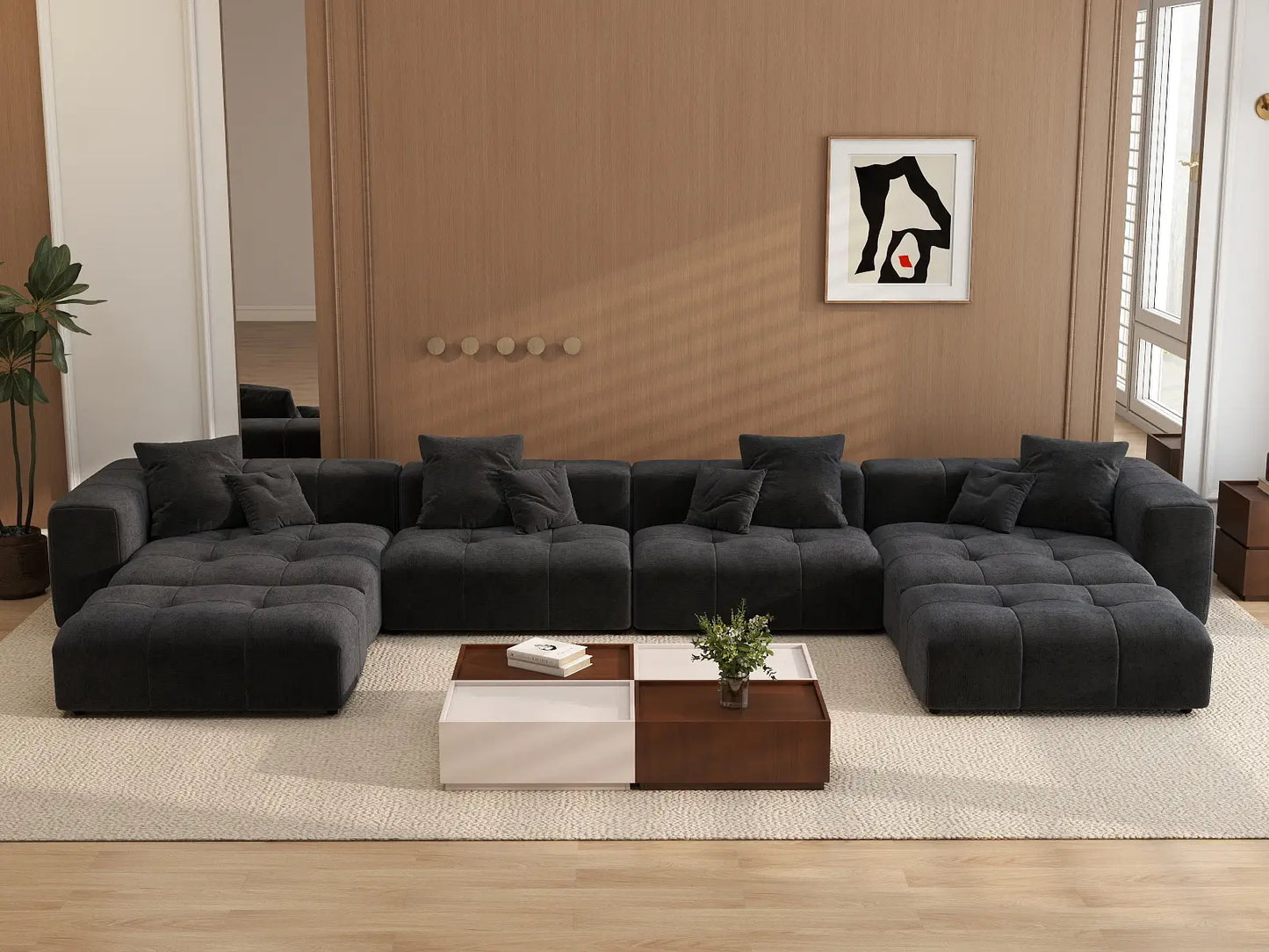 Matrix 4-Seater Black Linen U-Shaped Sectional | 6-Piece (Includes 2 Ottomans), Large Space