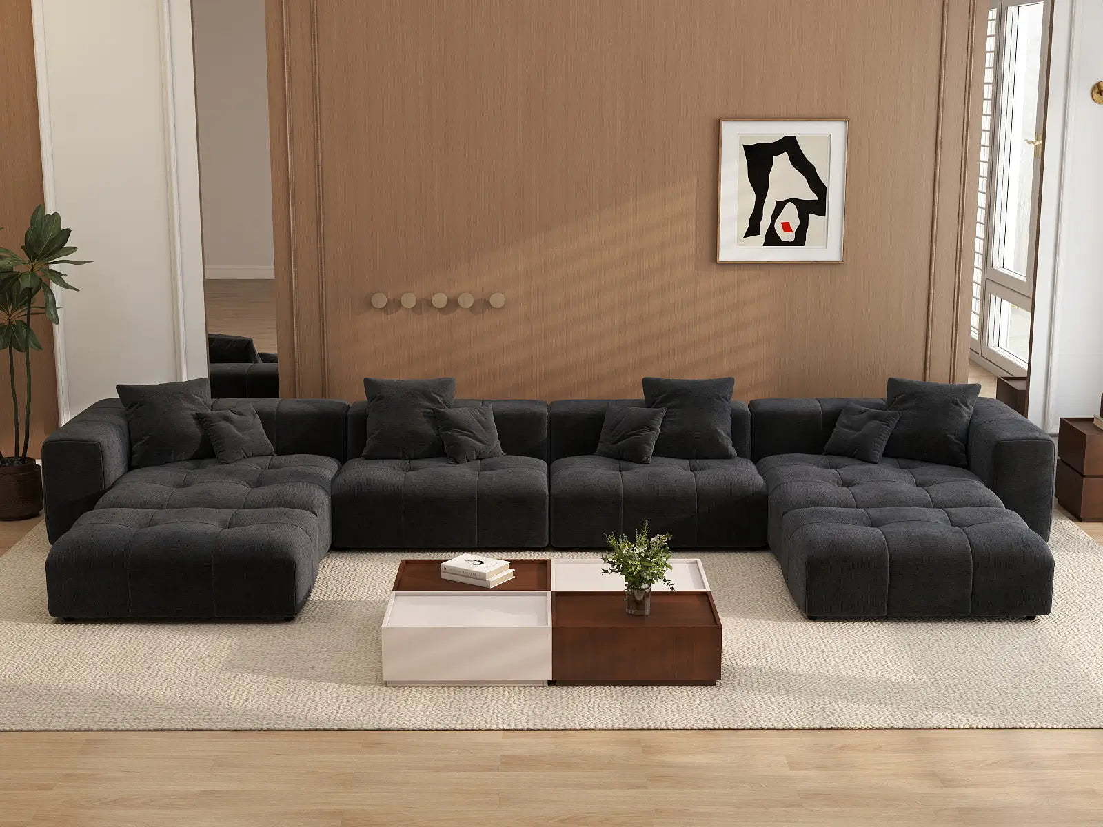 Matrix 4-Seater Black Linen U-Shaped Sectional | 6-Piece (Includes 2 Ottomans), Large Space