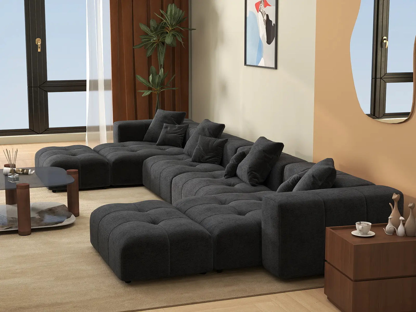 Matrix 4-Seater Black Linen U-Shaped Sectional | 6-Piece (Includes 2 Ottomans), Large Space