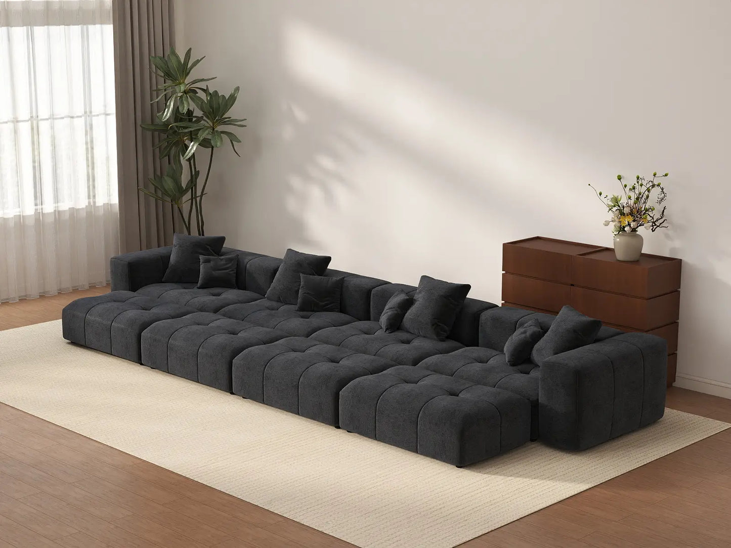 Matrix 4-Seater Black Open Space Pit Sectional | 8-Piece (Includes 4 Ottomans), Linen Fabric