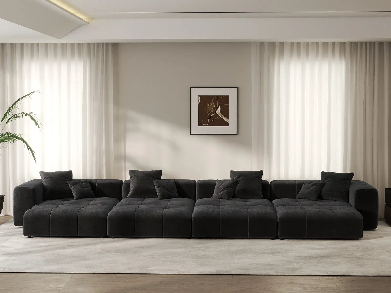 Matrix 4-Seater Black Open Space Pit Sectional | 8-Piece (Includes 4 Ottomans), Linen Fabric