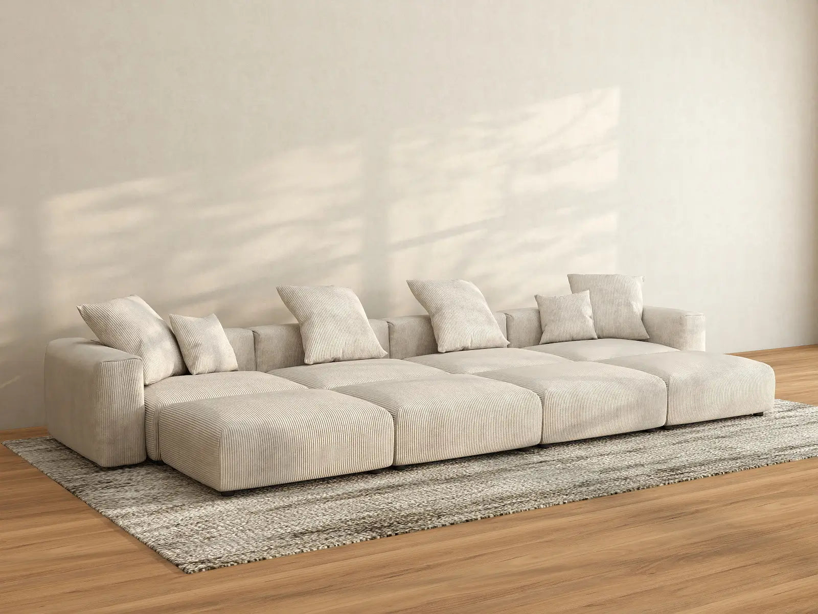 Seccional Matrix de 4 Asientos Beige Tipo Pit | 8 piezas (Incluye 4 Pufs), Tela de Pana, Asientos para Sala Familiar, Fundas de Cojín Lavables