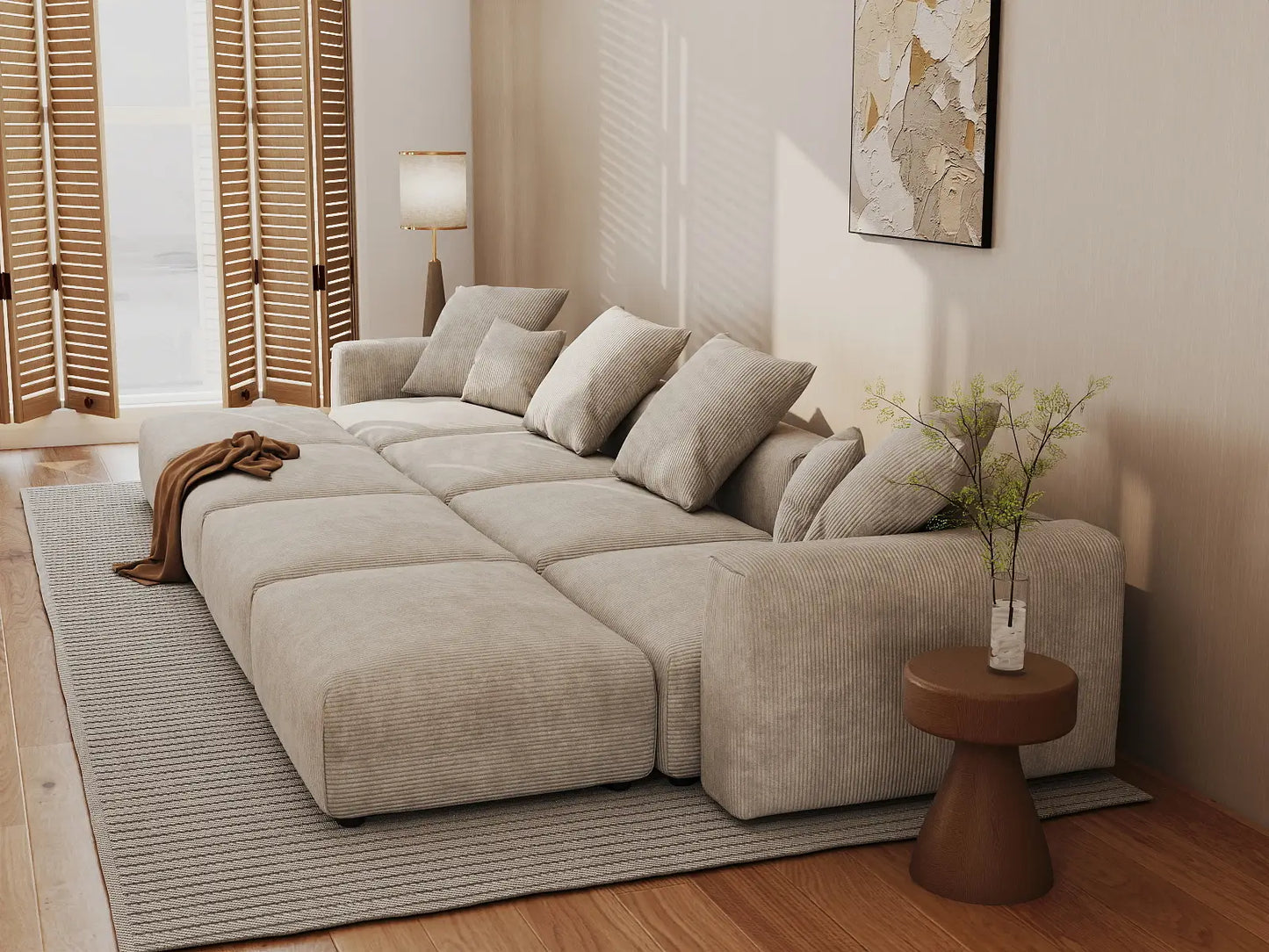 Fundas modernas modulares para sofá Matrix | Fundas de pana beige para sofá de 4 plazas con 4 otomanas