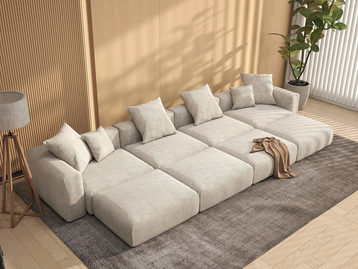 Fundas modernas modulares para sofá Matrix | Fundas de pana beige para sofá de 4 plazas con 4 otomanas