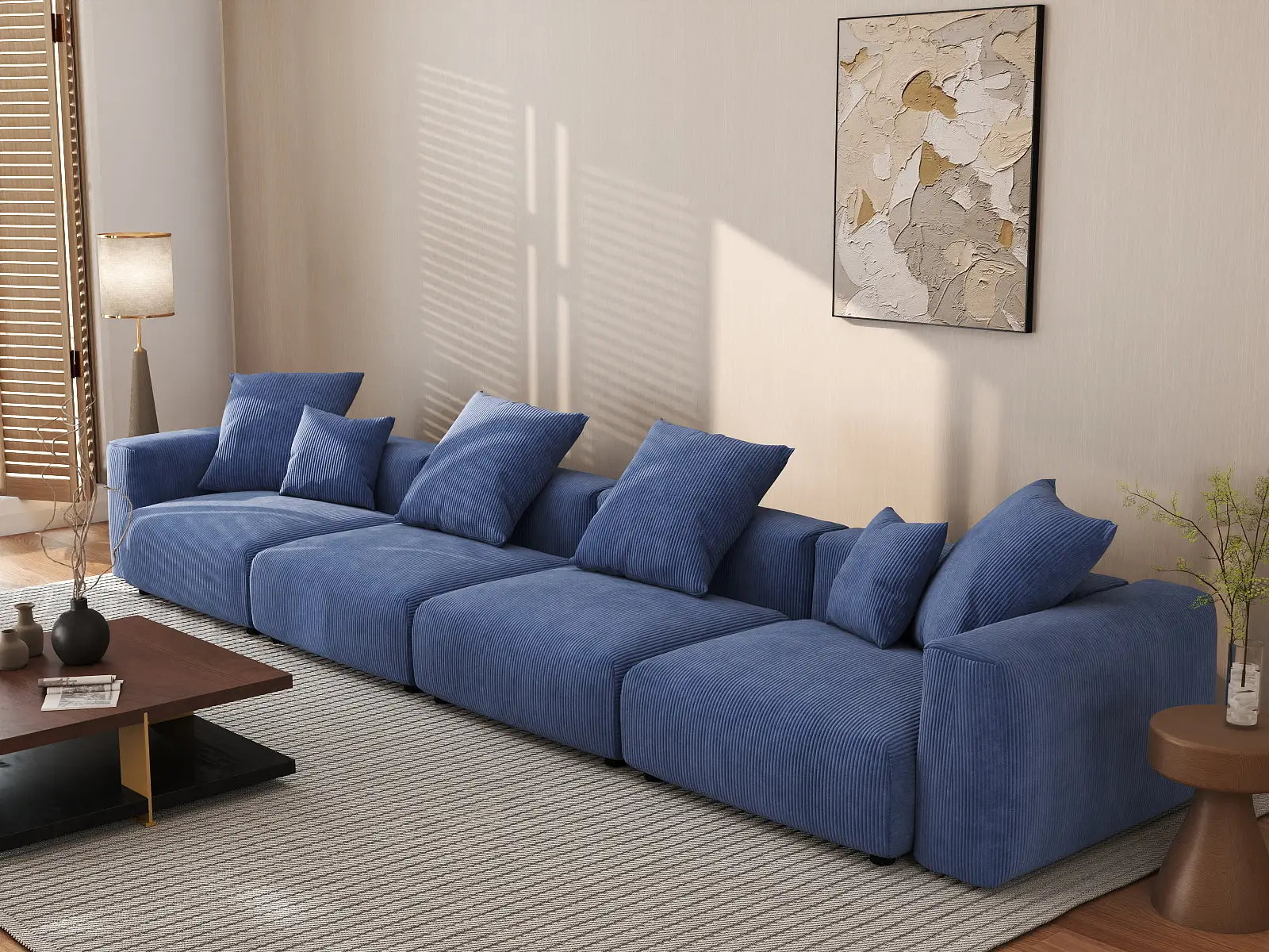 Sofá seccional Matrix de 4 plazas en pana azul | 4 piezas, asientos para sala de estar, fácil de limpiar, espacio grande