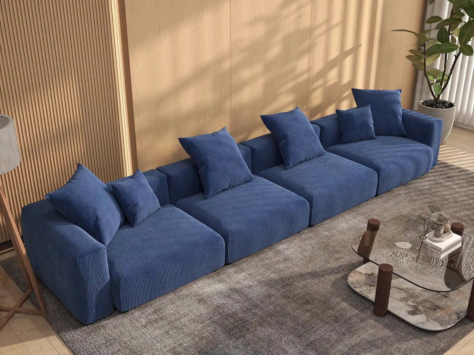 Sofá seccional Matrix de 4 plazas en pana azul | 4 piezas, asientos para sala de estar, fácil de limpiar, espacio grande
