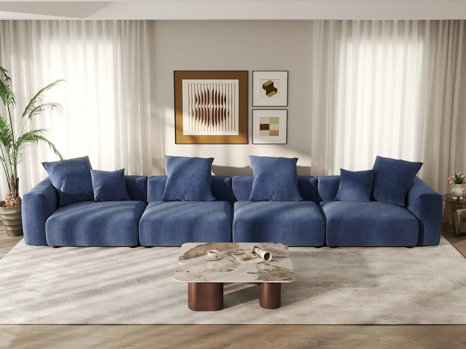 Sofá seccional Matrix de 4 plazas en pana azul | 4 piezas, asientos para sala de estar, fácil de limpiar, espacio grande