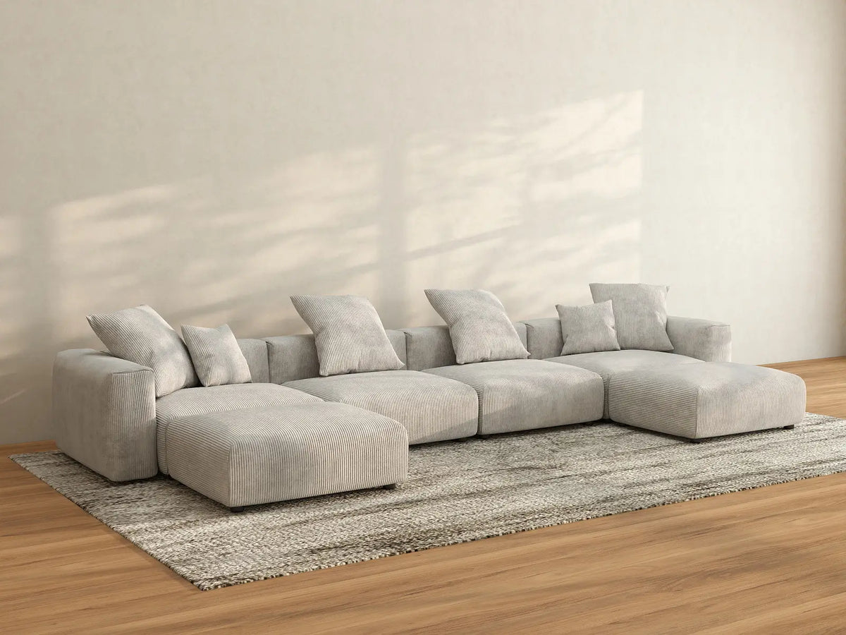 Matrix 4-Seater Grey U-Shaped Sectional | 6-Piece (Includes 2 Ottomans), Corduroy Fabric, Family Room Seating, Washable Cushion Covers