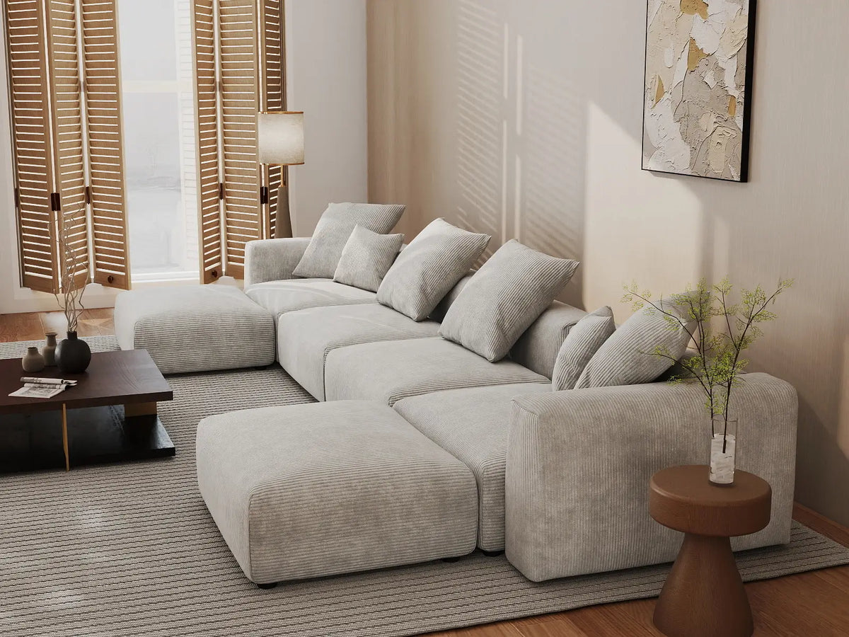 Matrix 4-Seater Grey U-Shaped Sectional | 6-Piece (Includes 2 Ottomans), Corduroy Fabric, Family Room Seating, Washable Cushion Covers