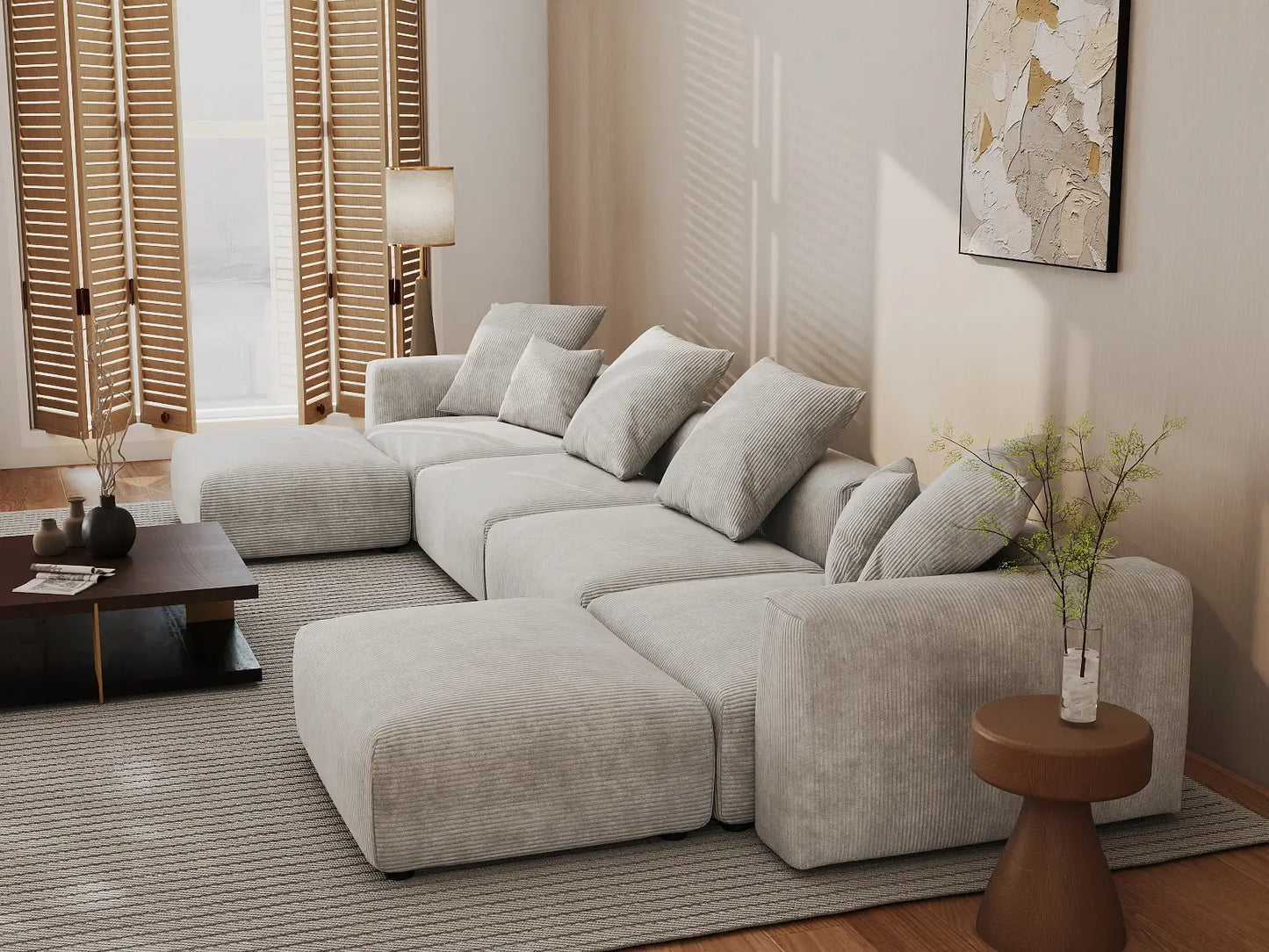 Matrix 4-Seater Grey U-Shaped Sectional | 6-Piece (Includes 2 Ottomans), Corduroy Fabric, Family Room Seating, Washable Cushion Covers