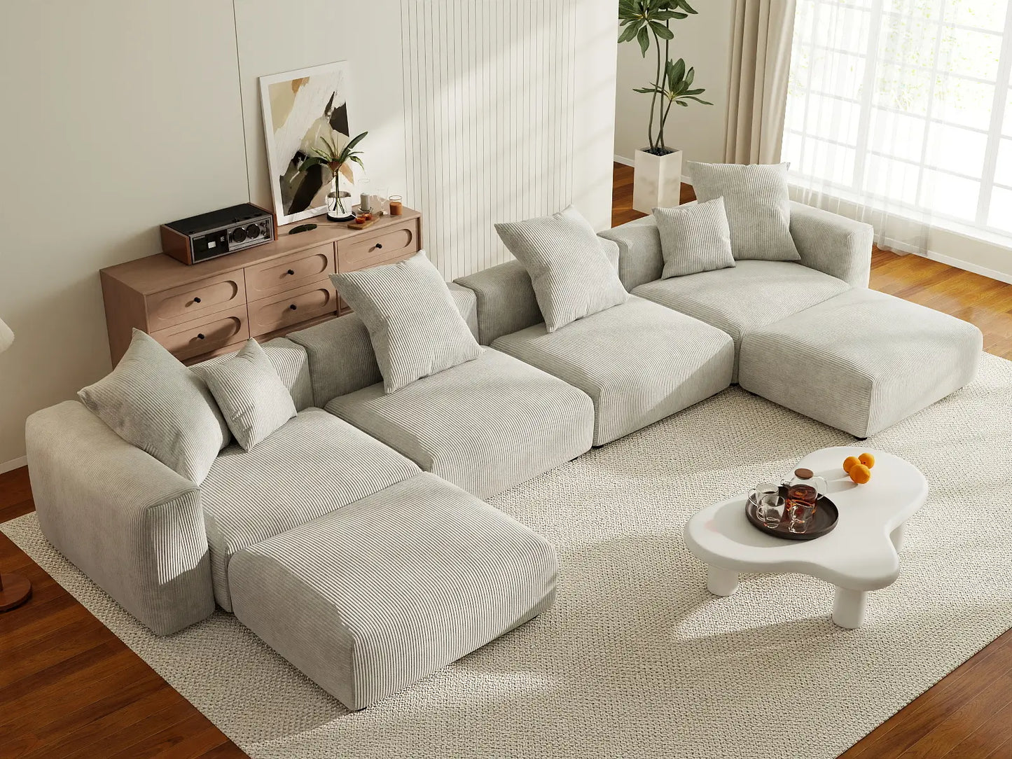 Matrix 4-Seater Grey U-Shaped Sectional | 6-Piece (Includes 2 Ottomans), Corduroy Fabric, Family Room Seating, Washable Cushion Covers