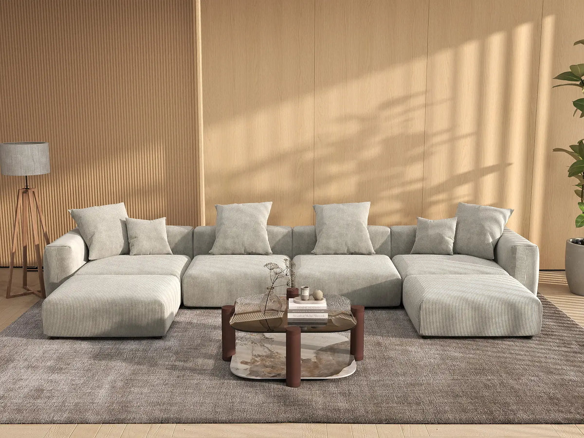 Matrix 4-Seater Grey U-Shaped Sectional | 6-Piece (Includes 2 Ottomans), Corduroy Fabric, Family Room Seating, Washable Cushion Covers