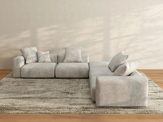 Matrix 4-Seater Grey V-Shaped Sectional | 5-Piece (Includes 1 Ottoman), Corduroy Fabric, Living Room Seating, Washable Cushion Covers