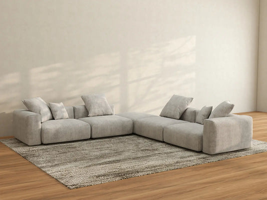Matrix 4-Seater Grey V-Shaped Sectional | 5-Piece (Includes 1 Ottoman), Corduroy Fabric, Living Room Seating, Washable Cushion Covers