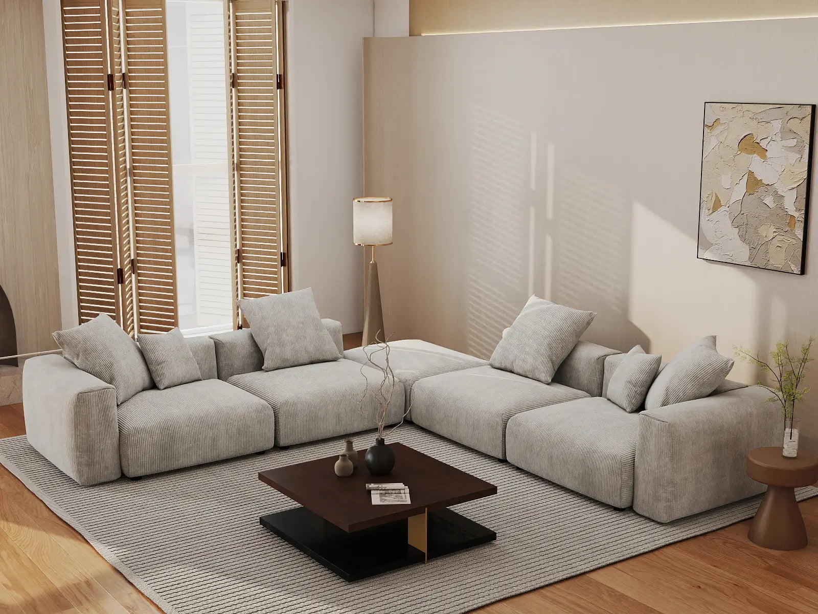 Sofá seccional Matrix en forma de V de 4 plazas, color gris | 5 piezas (incluye 1 otomana), tela de pana, asientos para sala de estar, fundas de cojín lavables