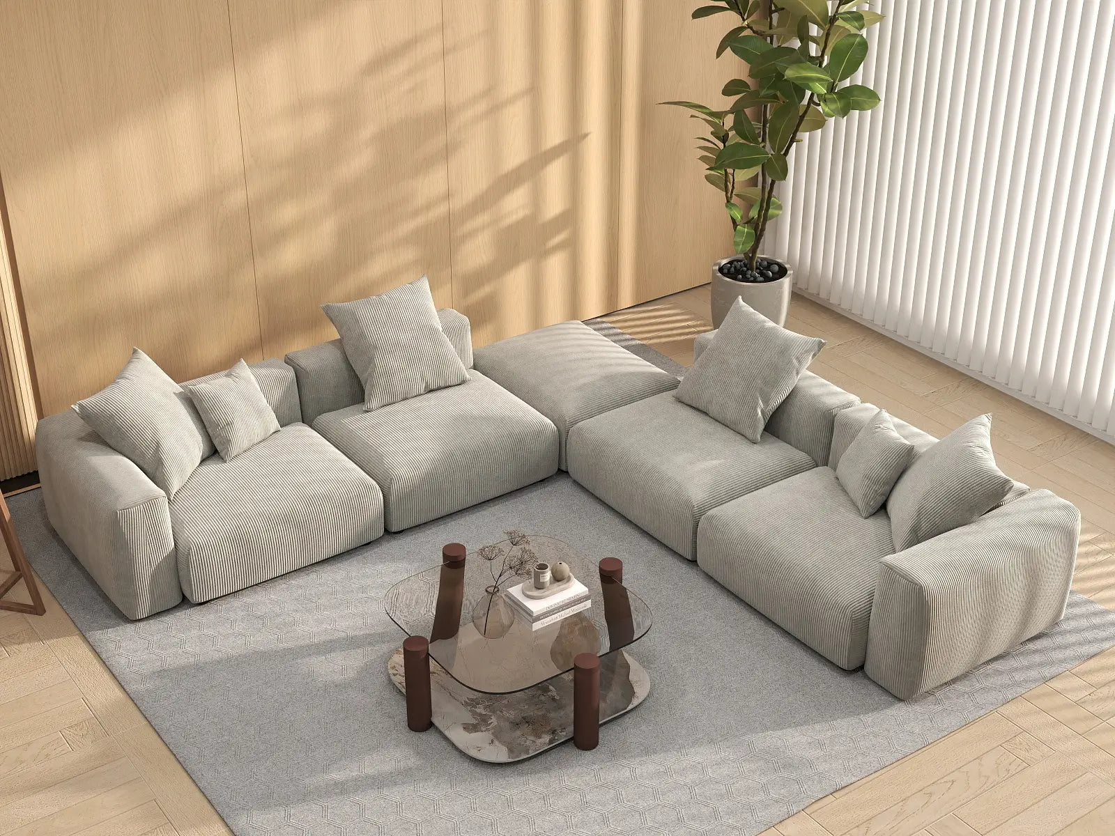 Sofá seccional Matrix en forma de V de 4 plazas, color gris | 5 piezas (incluye 1 otomana), tela de pana, asientos para sala de estar, fundas de cojín lavables