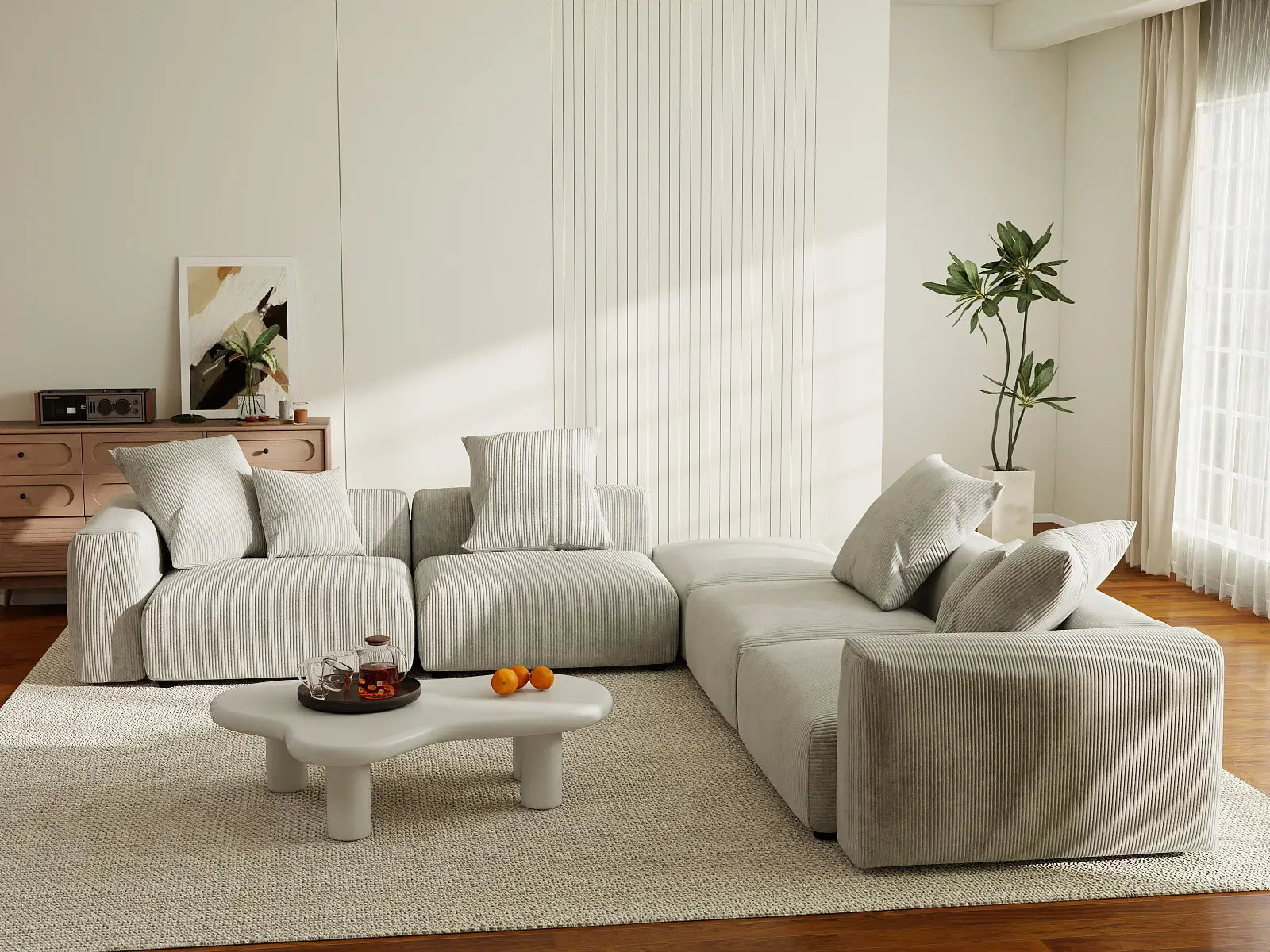 Sofá seccional Matrix en forma de V de 4 plazas, color gris | 5 piezas (incluye 1 otomana), tela de pana, asientos para sala de estar, fundas de cojín lavables