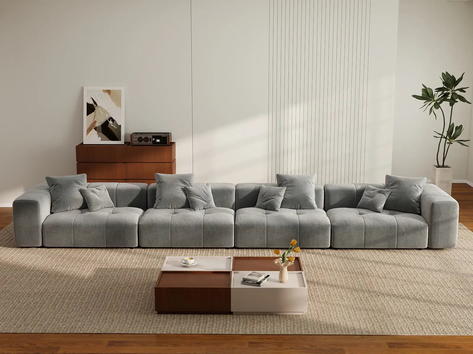 Matrix 4-Seater Light Grey Large Space Couch Sectional | 4-Piece, Linen Fabric