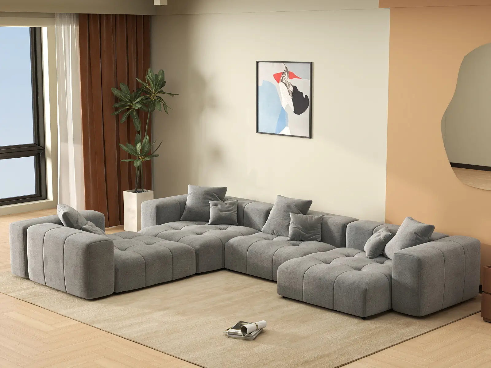 Matrix 4-Seater Light Grey Large Space L-Shaped Sectional | 4-Piece, Linen Fabric