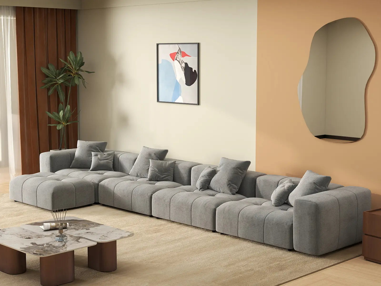 Matrix 4-Seater Light Grey Large Space L-Shaped Sectional | 5-Piece (Includes 1 Ottoman), Linen Fabric