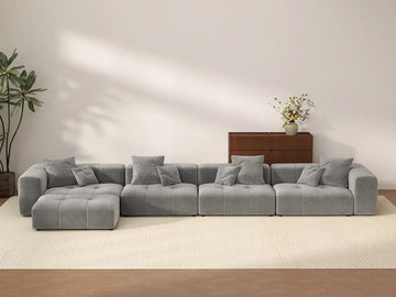 Matrix 4-Seater Light Grey Large Space L-Shaped Sectional | 5-Piece (Includes 1 Ottoman), Linen Fabric