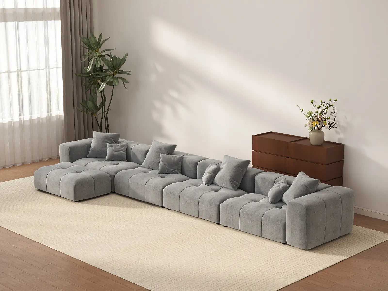 Matrix 4-Seater Light Grey Large Space L-Shaped Sectional | 5-Piece (Includes 1 Ottoman), Linen Fabric