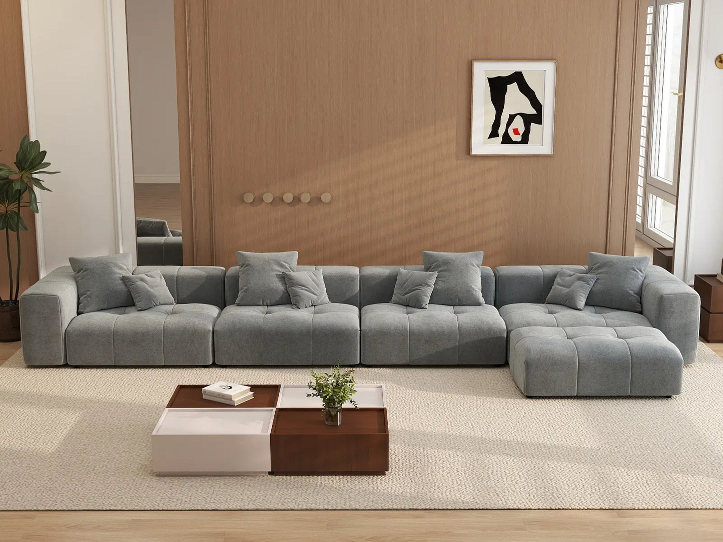 Matrix 4-Seater Light Grey Large Space L-Shaped Sectional | 5-Piece (Includes 1 Ottoman), Linen Fabric