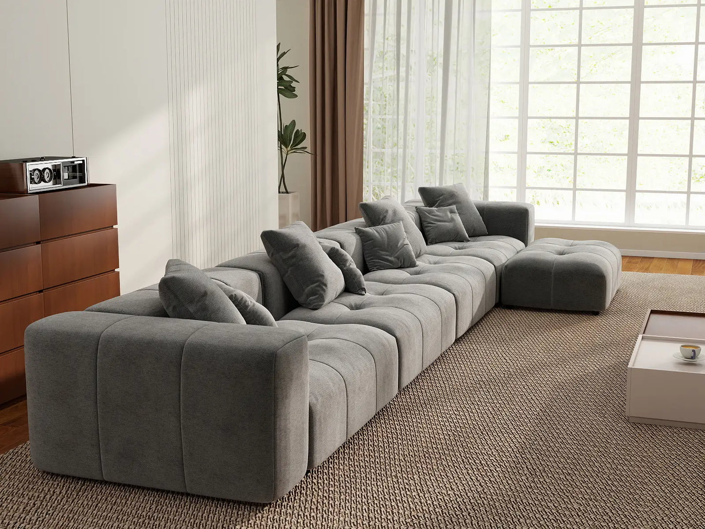Matrix 4-Seater Light Grey Large Space L-Shaped Sectional | 5-Piece (Includes 1 Ottoman), Linen Fabric