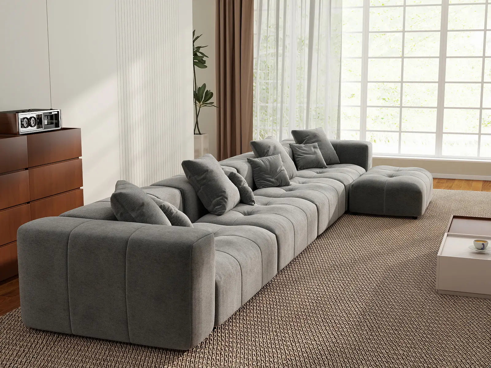 Matrix 4-Seater Light Grey Large Space L-Shaped Sectional | 5-Piece (Includes 1 Ottoman), Linen Fabric