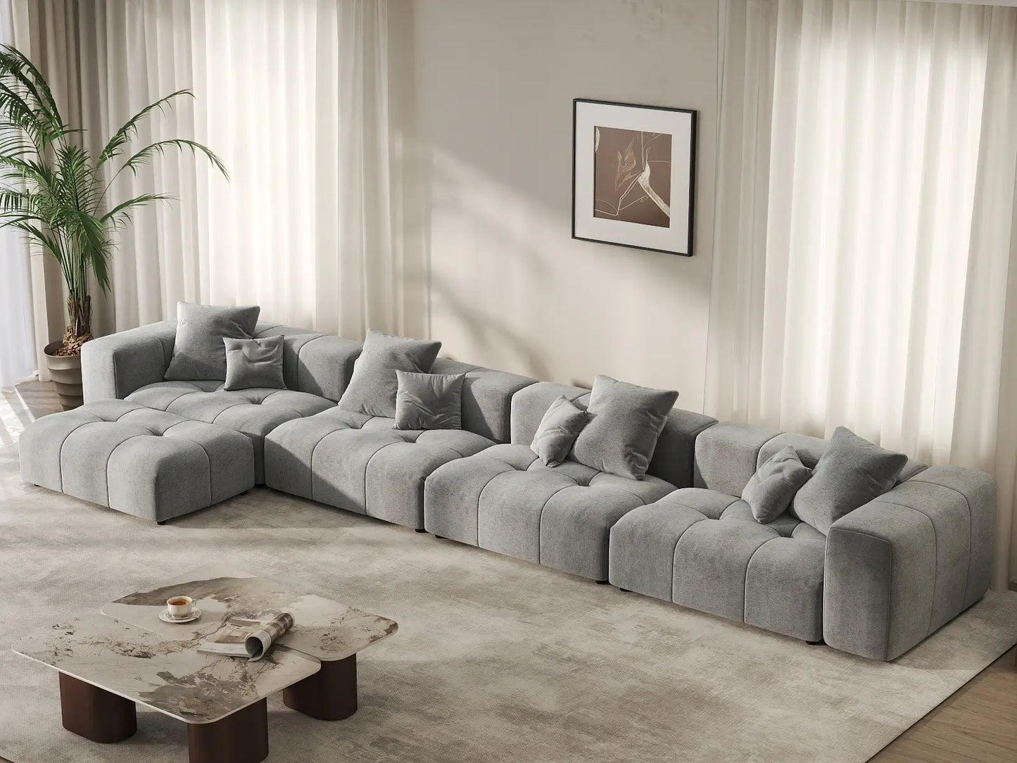 Matrix 4-Seater Light Grey Large Space L-Shaped Sectional | 5-Piece (Includes 1 Ottoman), Linen Fabric