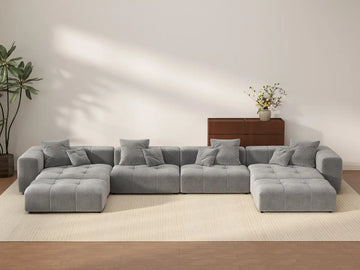 Matrix 4-Seater Light Grey Large Space U-Shaped Sectional | 6-Piece (Includes 2 Ottomans), Linen Fabric