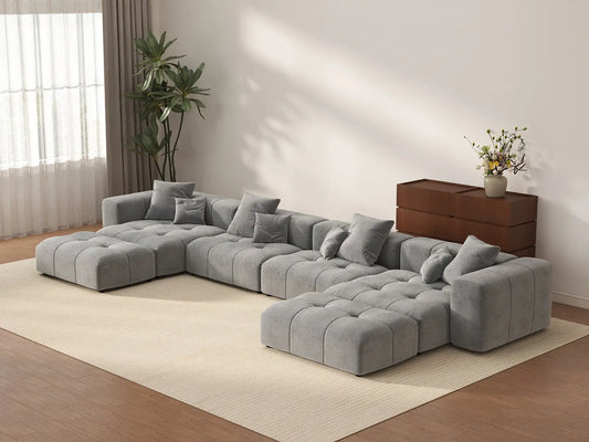 Matrix 4-Seater Light Grey Large Space U-Shaped Sectional | 6-Piece (Includes 2 Ottomans), Linen Fabric