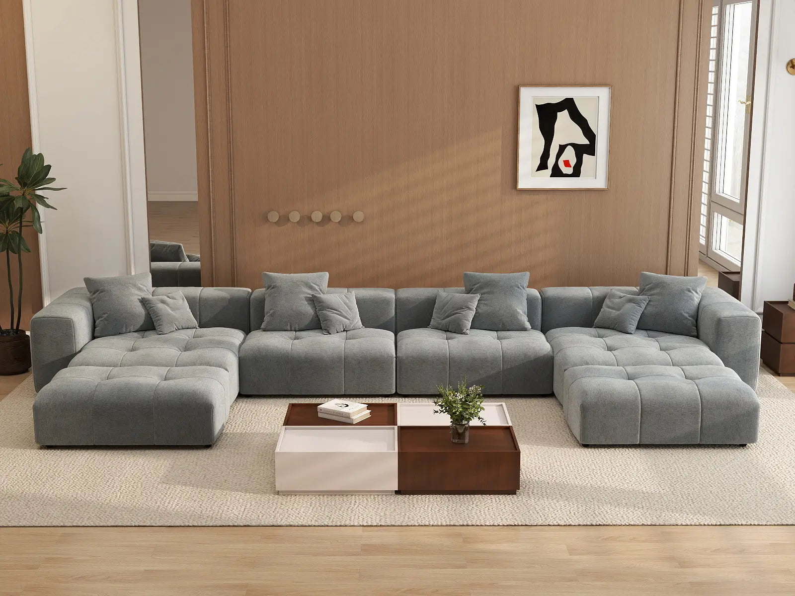 Matrix 4-Seater Light Grey Large Space U-Shaped Sectional | 6-Piece (Includes 2 Ottomans), Linen Fabric