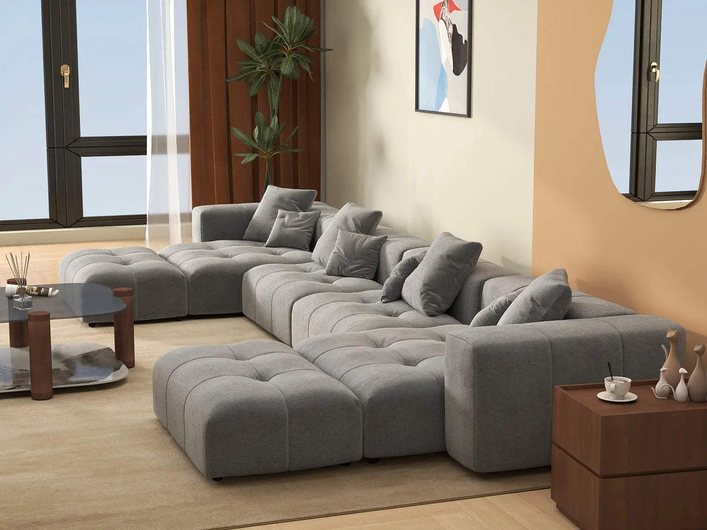 Matrix 4-Seater Light Grey Large Space U-Shaped Sectional | 6-Piece (Includes 2 Ottomans), Linen Fabric