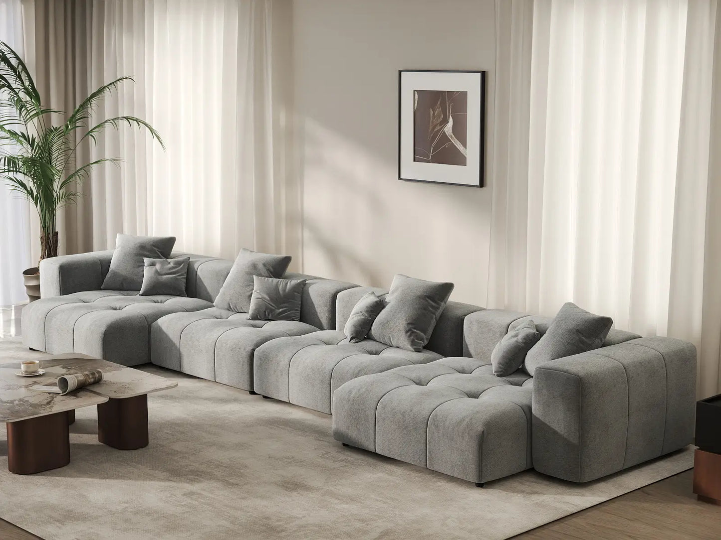 Sofá seccional Matrix de lino gris claro de 4 plazas | 4 piezas, estilo contemporáneo