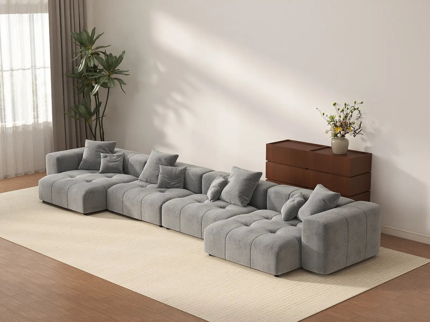 Sofá seccional Matrix de lino gris claro de 4 plazas | 4 piezas, estilo contemporáneo