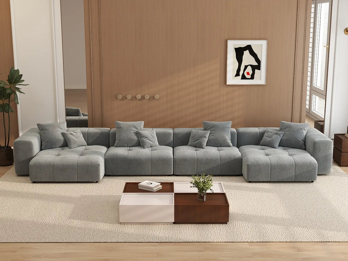 Sofá seccional Matrix de lino gris claro de 4 plazas | 4 piezas, estilo contemporáneo