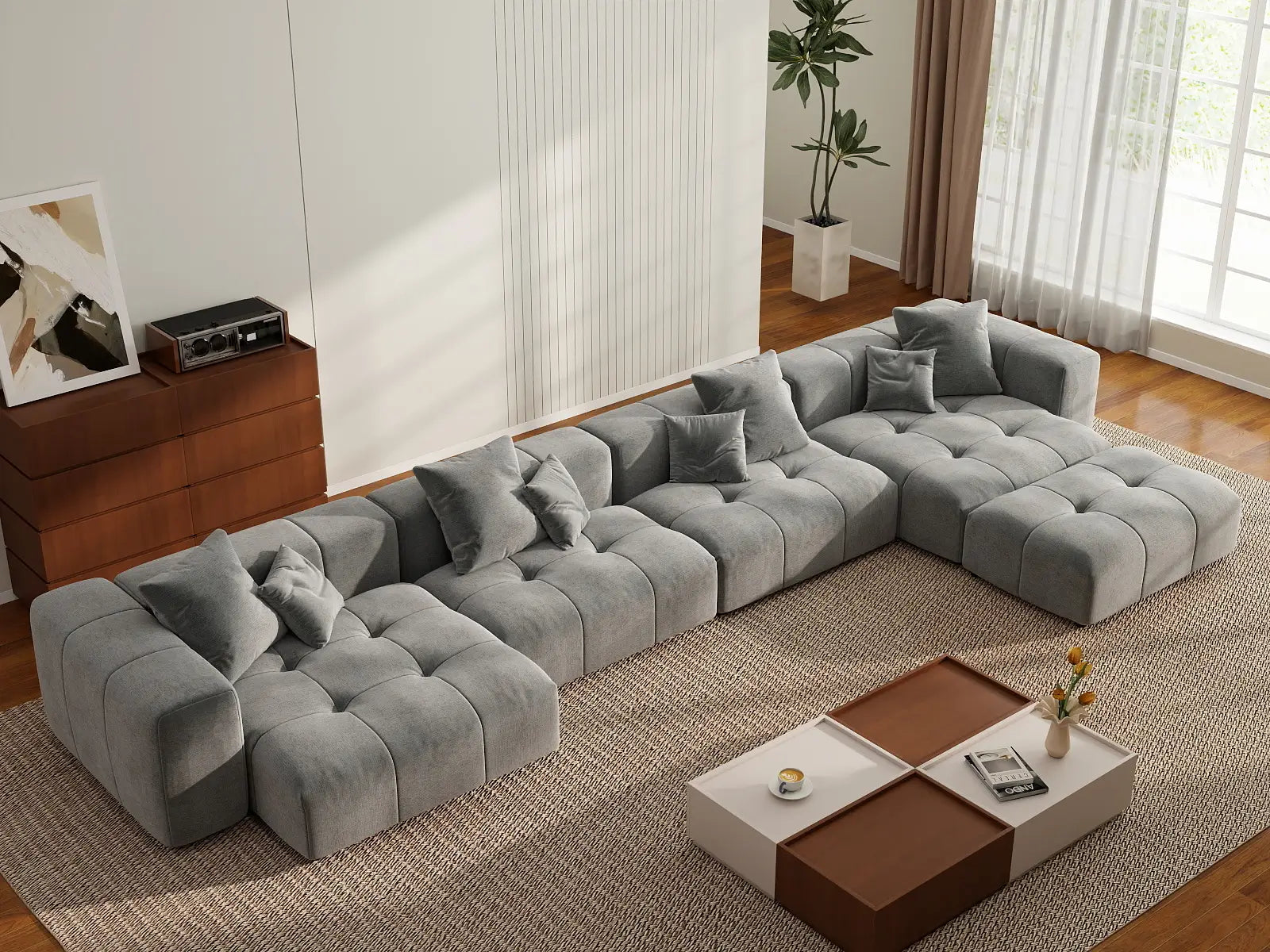 Matrix 4-Seater Light Grey Linen L-Shaped Sectional | 5-Piece (Includes 1 Ottoman), Stylish Design