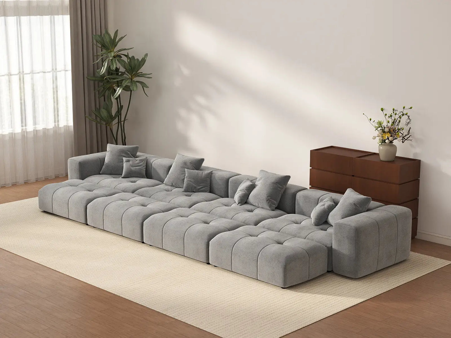 Seccional Matrix de 4 plazas en lino gris claro | 8 piezas (incluye 4 otomanas), estilo contemporáneo
