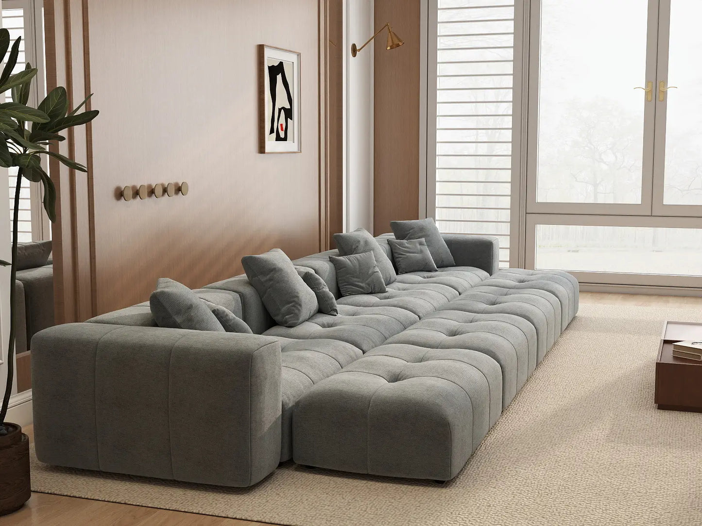 Seccional Matrix de 4 plazas en lino gris claro | 8 piezas (incluye 4 otomanas), estilo contemporáneo