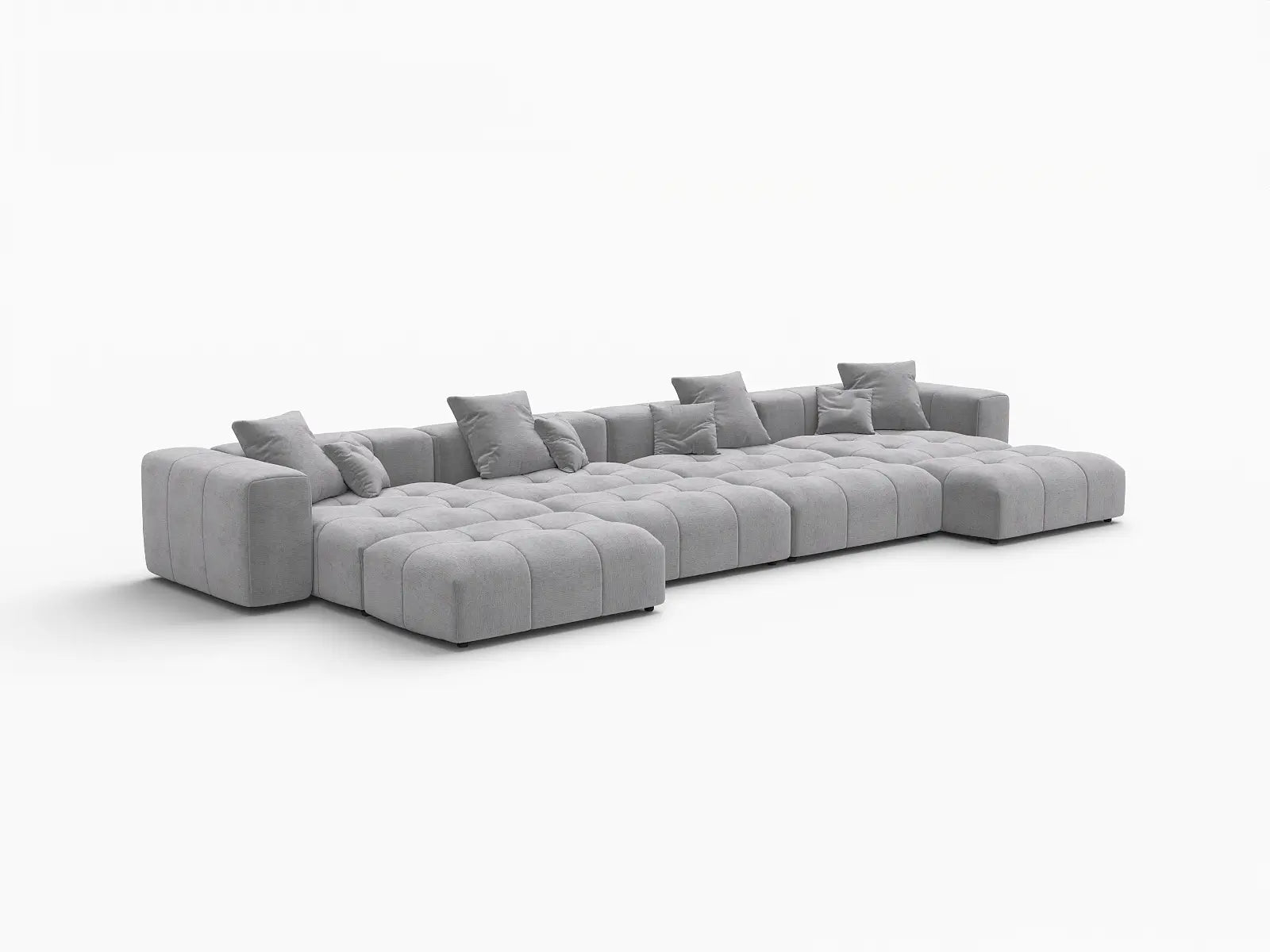Sofá seccional Matrix de 4 plazas en gris claro para espacio abierto | 8 piezas (incluye 4 otomanas), tela de lino