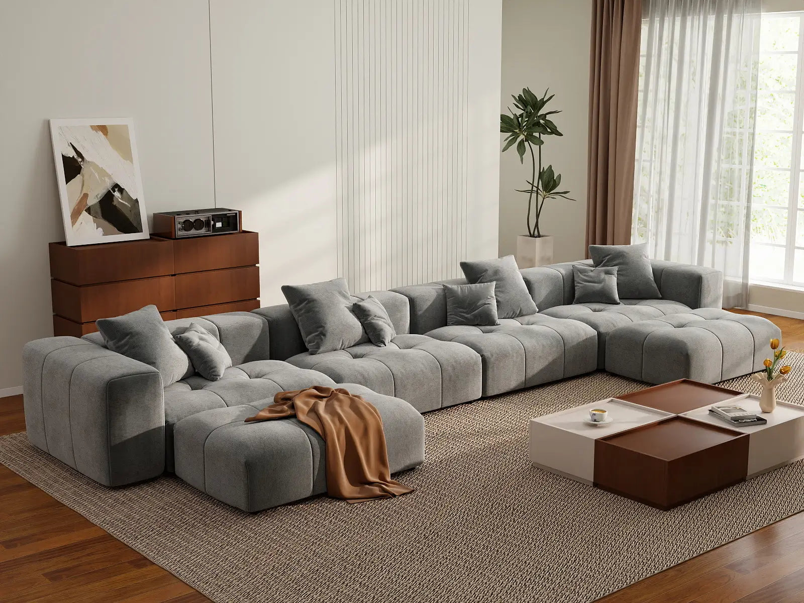 Matrix 4-Seater Light-Grey U-Shaped Sectional | 6-Piece (Includes 2 Ottomans), Linen Fabric, Family Room Seating