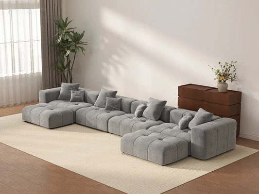 Matrix 4-Seater Light-Grey U-Shaped Sectional | 6-Piece (Includes 2 Ottomans), Linen Fabric, Family Room Seating