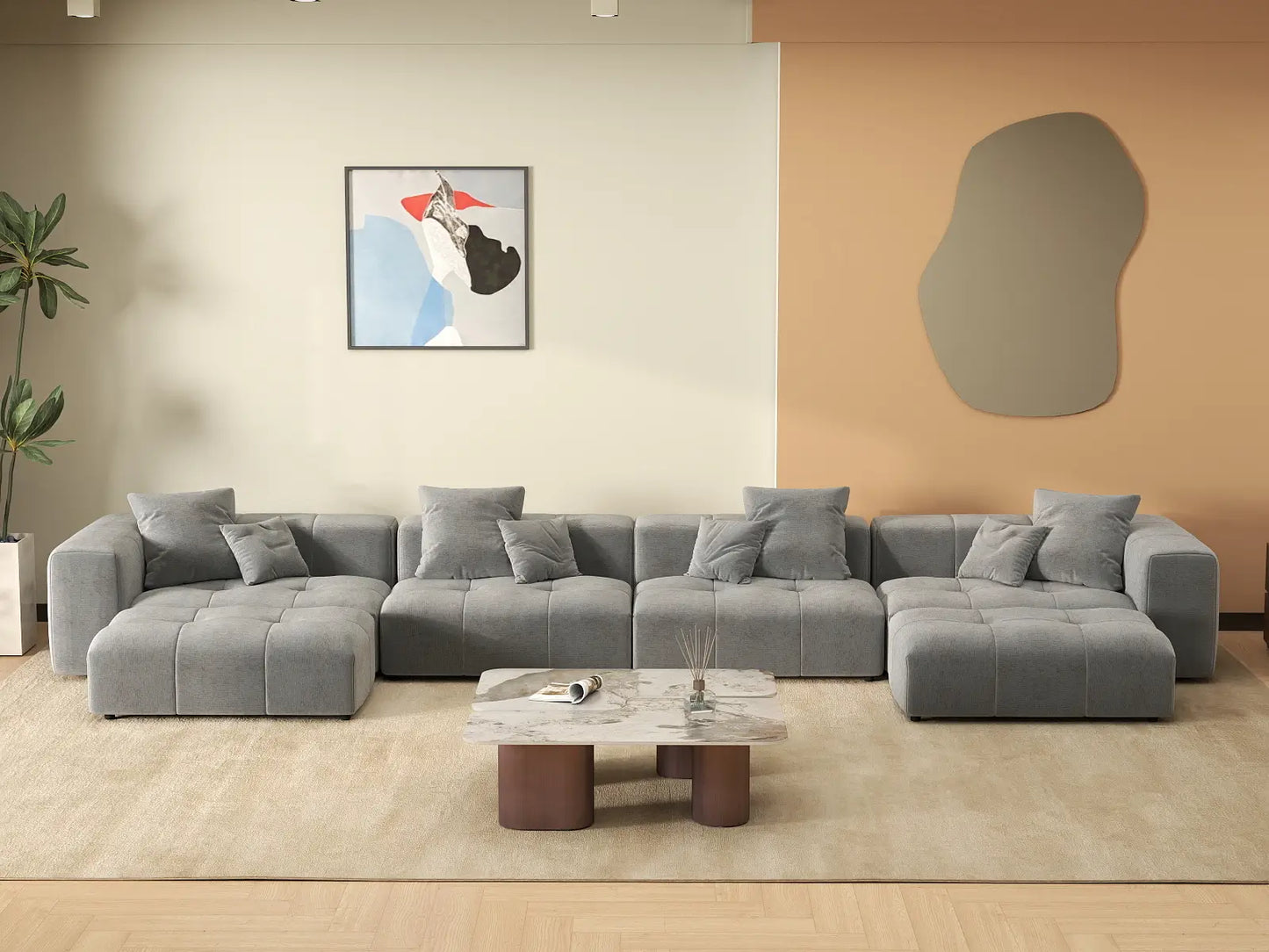 Matrix 4-Seater Light-Grey U-Shaped Sectional | 6-Piece (Includes 2 Ottomans), Linen Fabric, Family Room Seating