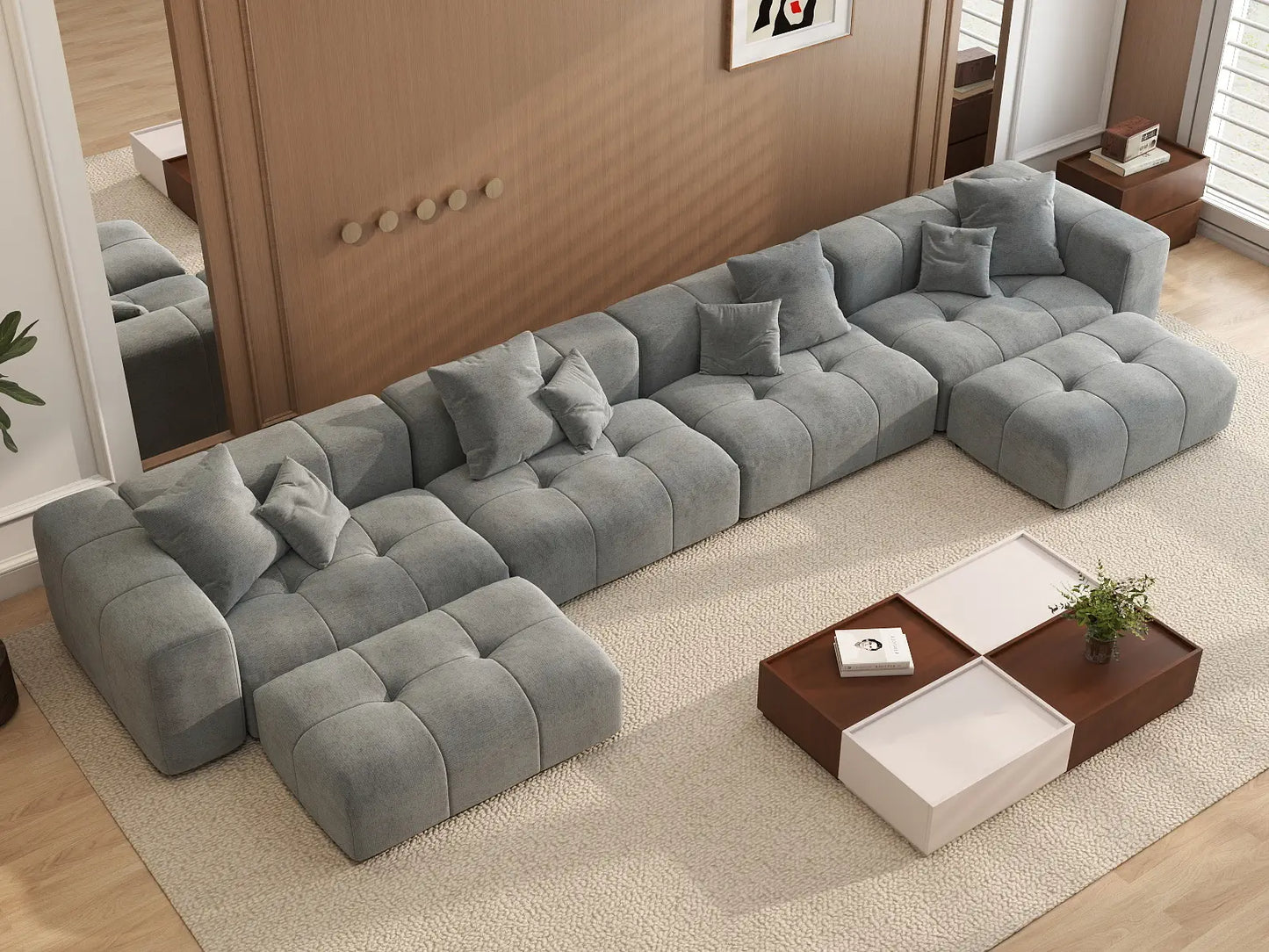Matrix 4-Seater Light-Grey U-Shaped Sectional | 6-Piece (Includes 2 Ottomans), Linen Fabric, Family Room Seating