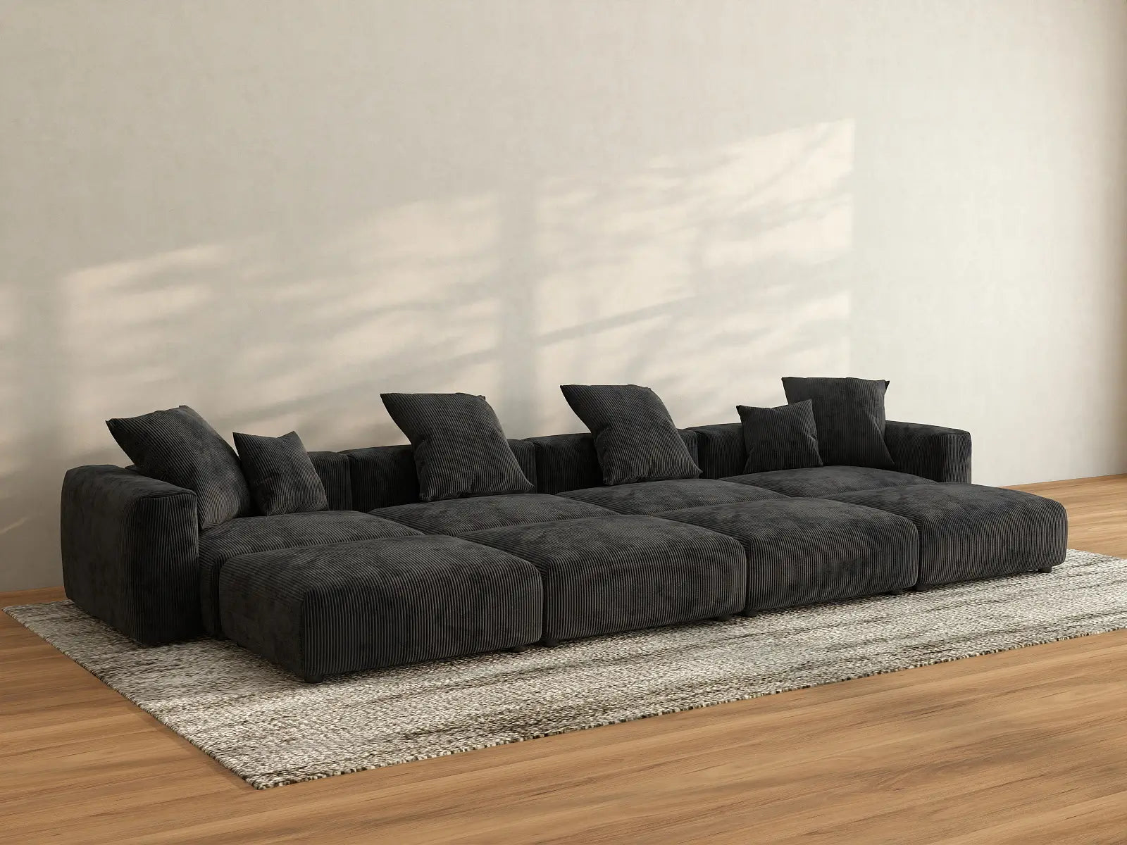 Sofá seccional Matrix Pit de 4 plazas negro | 8 piezas (incluye 4 otomanas), tela de pana, asientos para sala familiar, fundas de cojín lavables