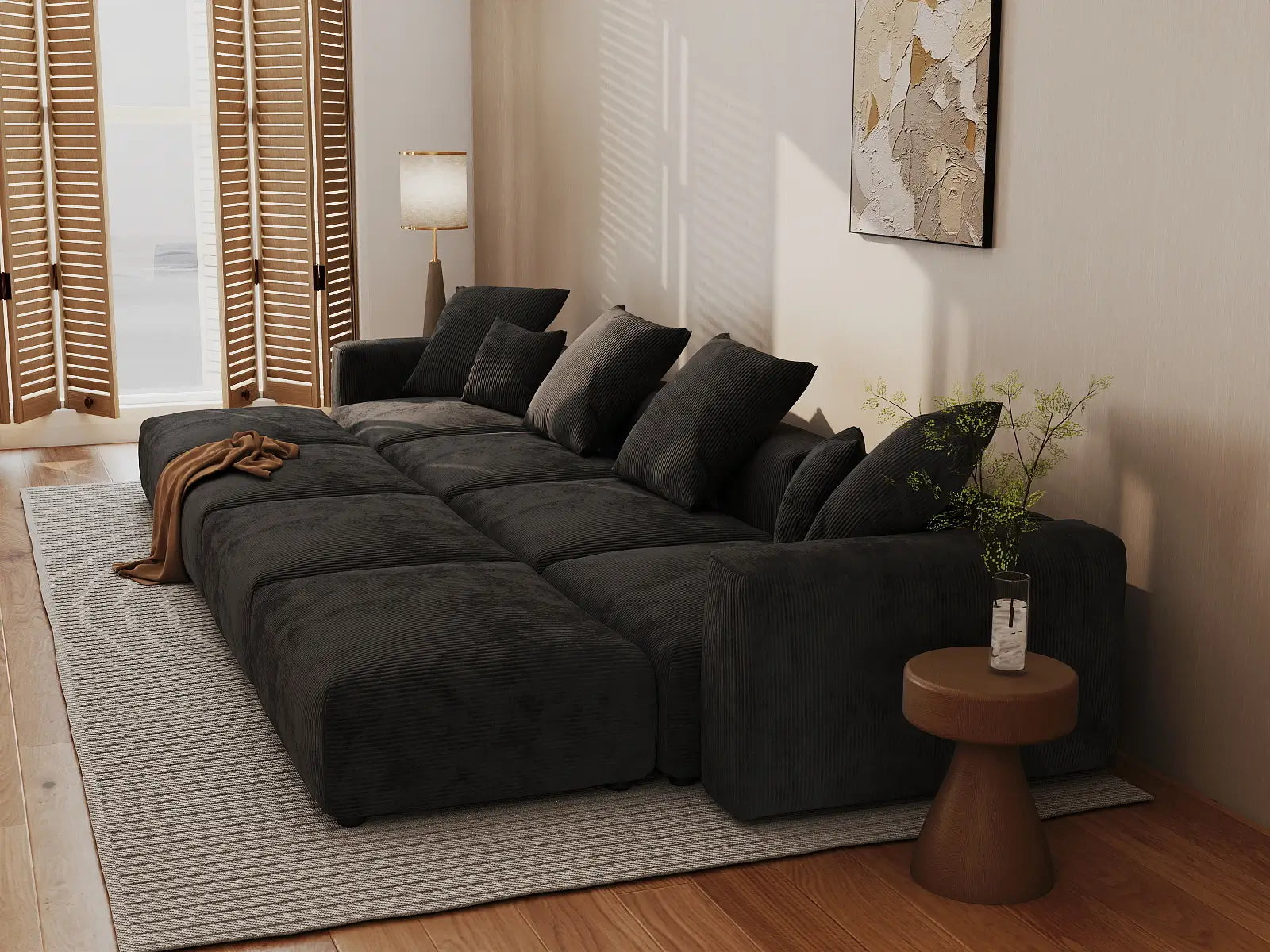 Fundas Modernas Modulares para Sofá Matrix | Fundas de Sofá de Pana Negra para Sofá de 4 Plazas con 4 Otomanas