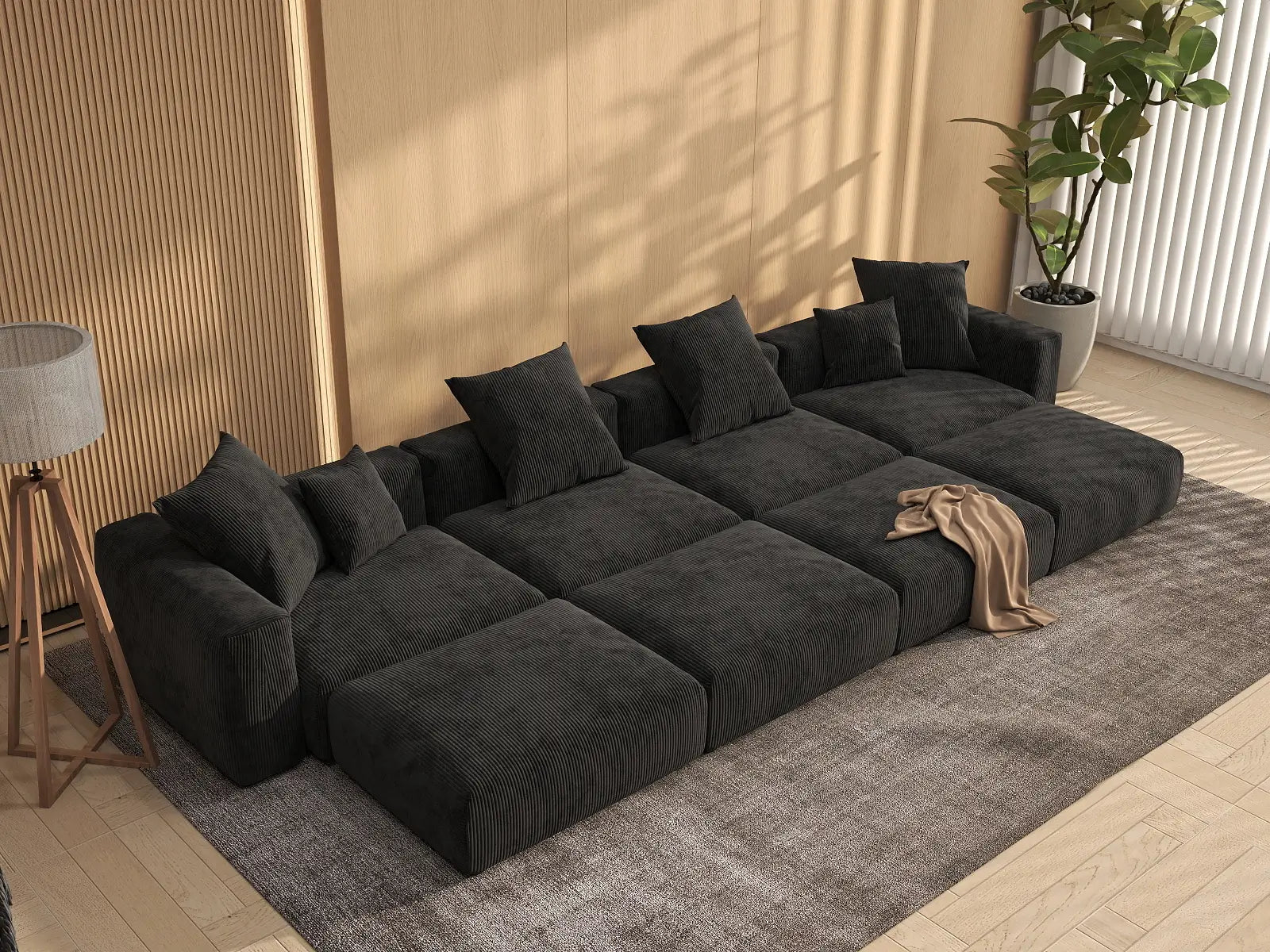Fundas Modernas Modulares para Sofá Matrix | Fundas de Sofá de Pana Negra para Sofá de 4 Plazas con 4 Otomanas